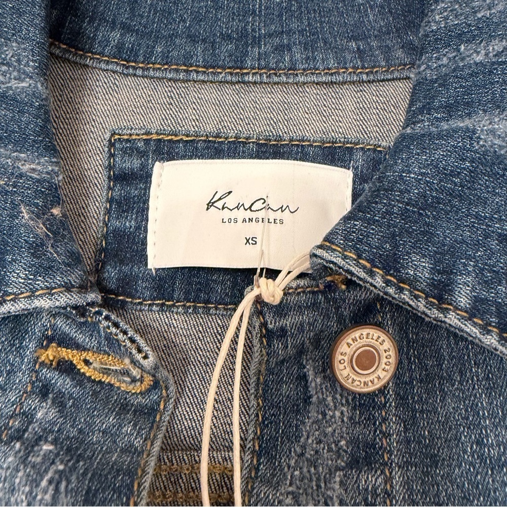 KanCan Wilson Denim Jacket Women’s X-Small Dark Wash Trucker Distressed Spring - Picture 2 of 5